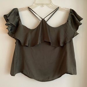 Aeropostale dark green silky off shoulder short sleeve top, size S